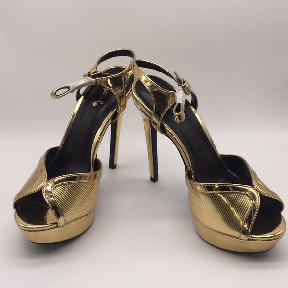 Qupid Ladies Platform Heels Pumps 5” Gold Shiny Metallic Open Toe Size 7.5 - Picture 14 of 16